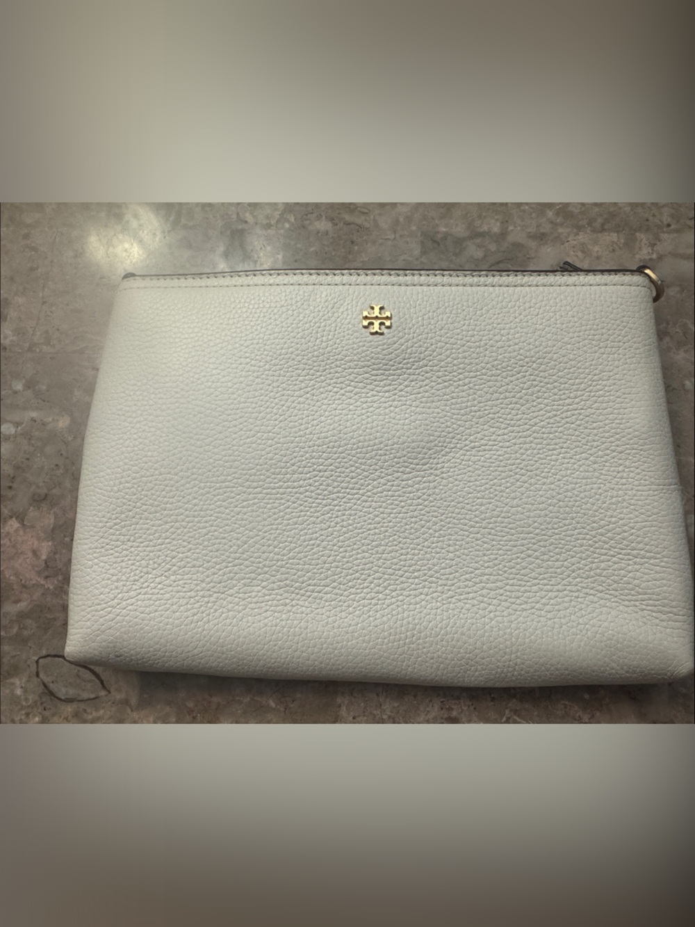 Tory Burch Pebbled Leather Clutch in Cream/White with Gold Logo
